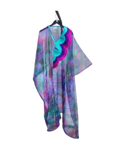Sheer Watercolour Kaftan With Turquoise, Magenta And Deep Violet Embroidery.