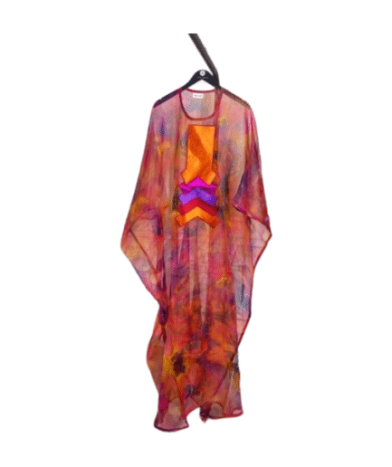 Sheer Watercolor Kaftan With Magenta, Orange, And Purple.